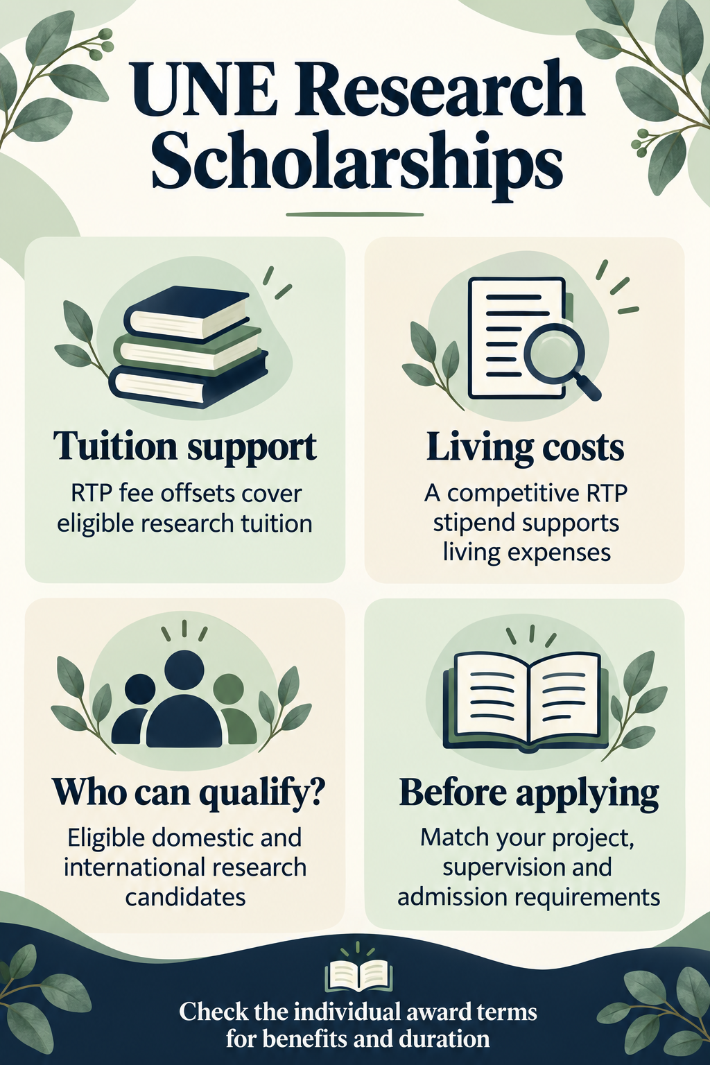 UNE research scholarship infographic explaining tuition offsets, stipends, eligibility and preparation