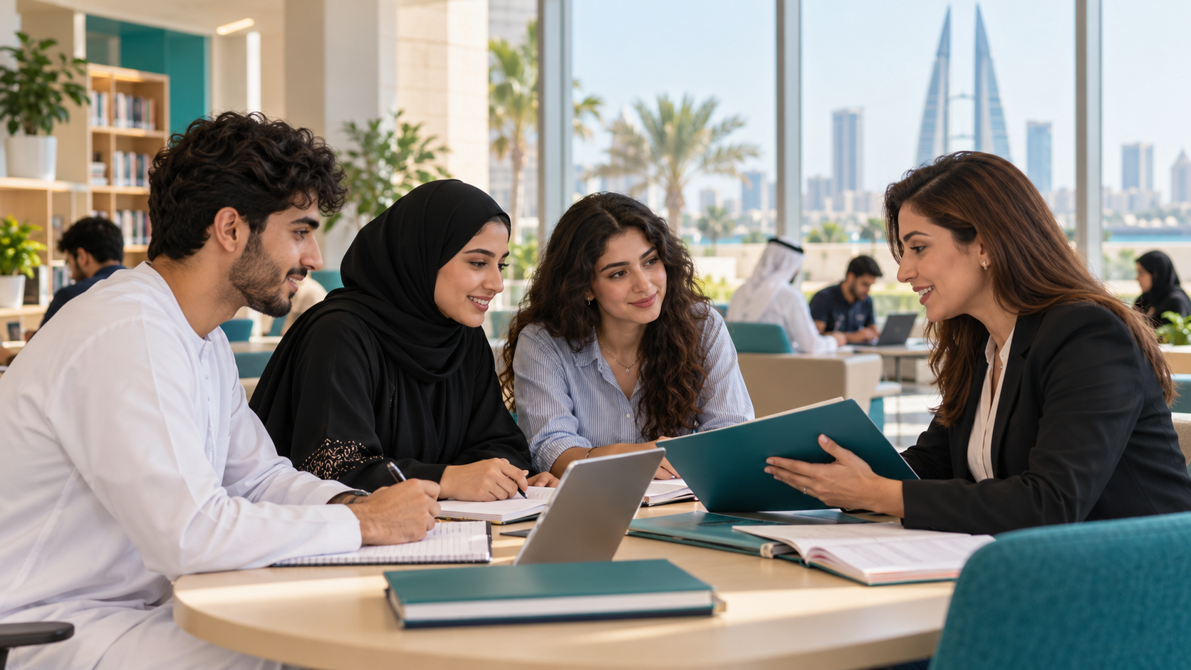 Illustrative students reviewing university admission documents with an adviser in Bahrain