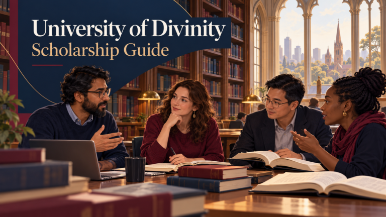 Illustration of postgraduate students discussing theological research in an academic library