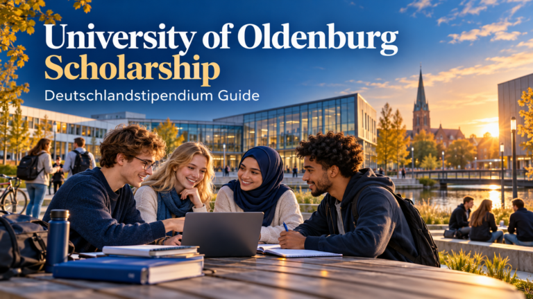 Students at an Oldenburg university campus for the University of Oldenburg Scholarship guide