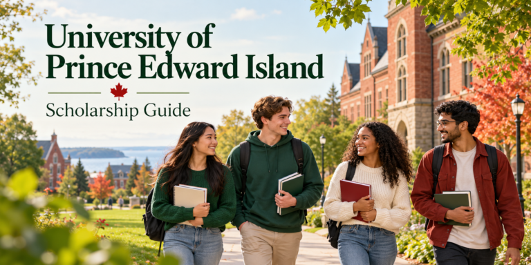 Illustration of international students on a Canadian campus for the UPEI scholarship guide
