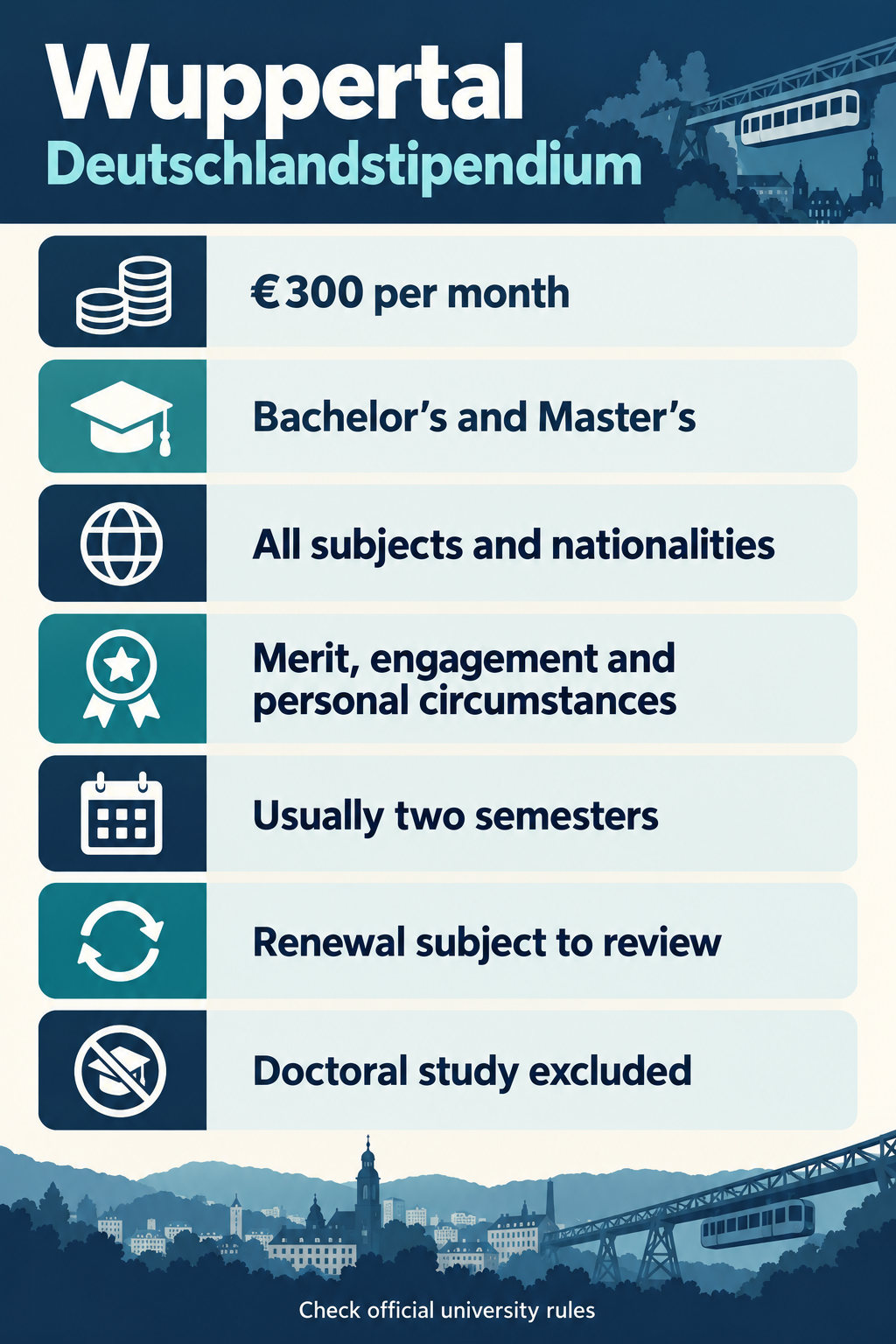 Infographic summarizing verified Wuppertal Deutschlandstipendium eligibility, funding and duration